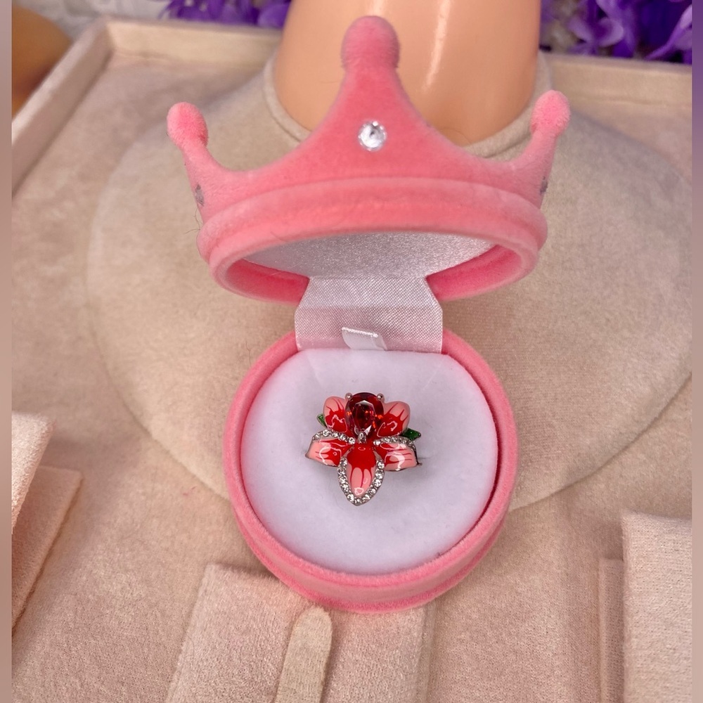 🌹 Silver Pink & Ruby Red Rhinestone Floral Ring 6 🌹 Including Velvet👑 Gift Box 🎀 - Picture 2 of 14